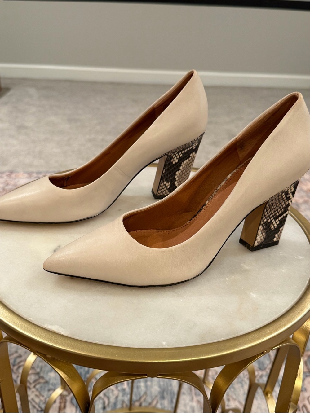 SARTO By Franco Sarto Cream Pointed-Toe Pumps with Snake-Print Block Heel